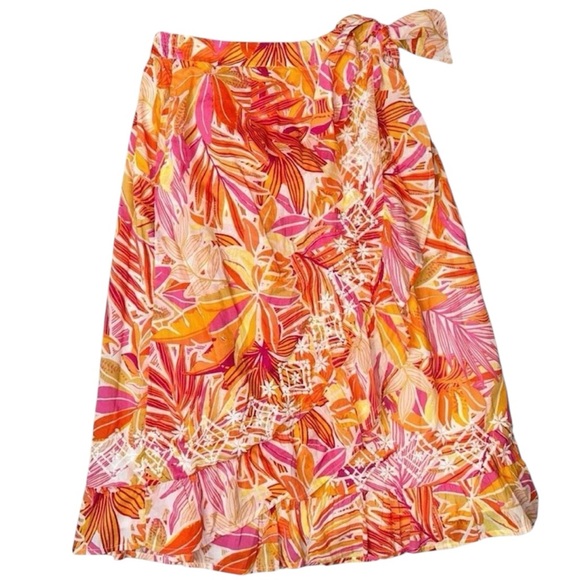 C&C California Dresses & Skirts - C&C California Orange & Pink Tropical Floral Faux Wrap Midi Skirt